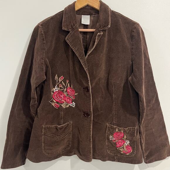 Corduroy Brown Embroidered Button Jacket Large Y2k - Picture 1 of 8